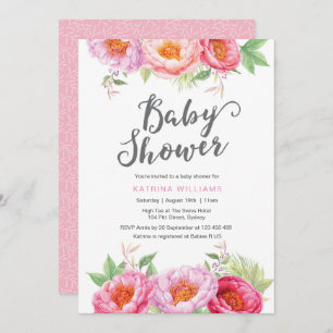 Baby Shower invitation Peony watercolor flowers