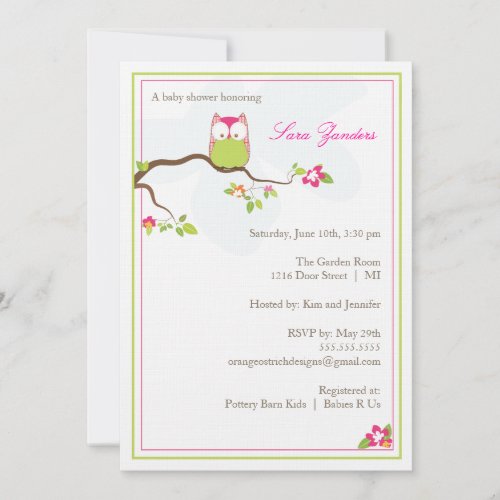 Baby Shower Invitation - Pink  and Green Baby Owl