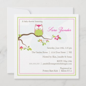 Baby Shower Invitation - Pink  And Green Baby Owl by OrangeOstrichDesigns at Zazzle
