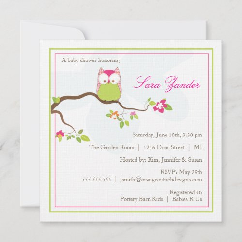 Baby Shower Invitation - Pink  and Green Baby Owl