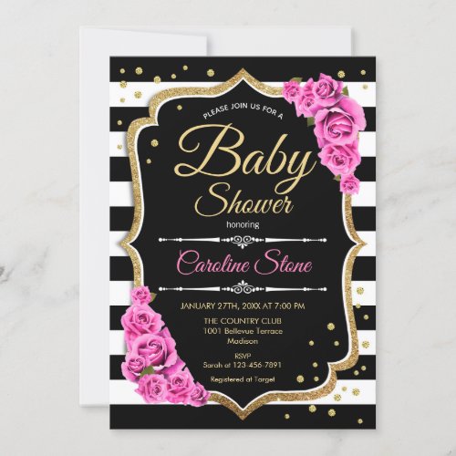 Baby Shower Invitation Pink Black White Stripes