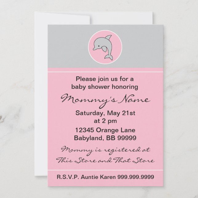 Baby Shower Invitation. Pink Dolphin. 5" x 7" Invitation (Front)