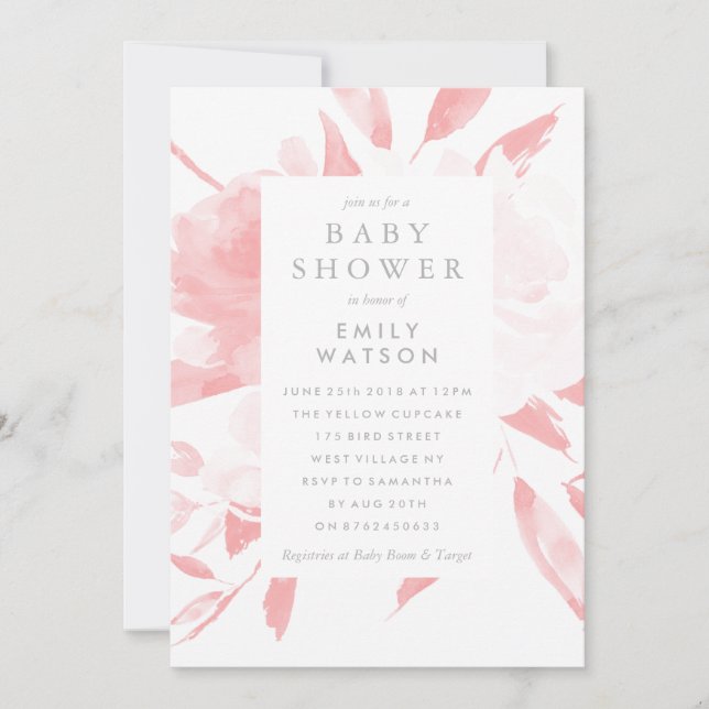 Baby Shower Invitation Pink Floral Watercolor (Front)
