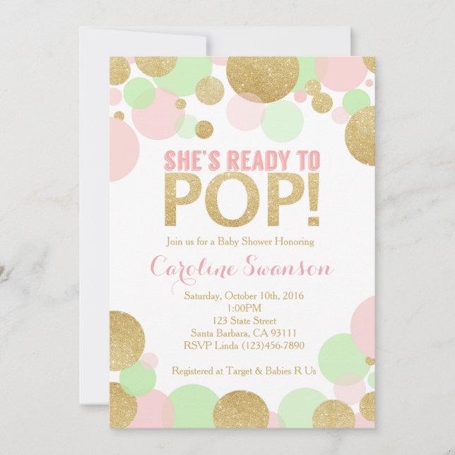 Baby Shower Invitation Pink Gold Mint Polka Dots (Front)