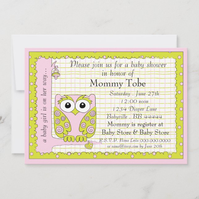 Baby Shower Invitation Pink Green Owl (Front)