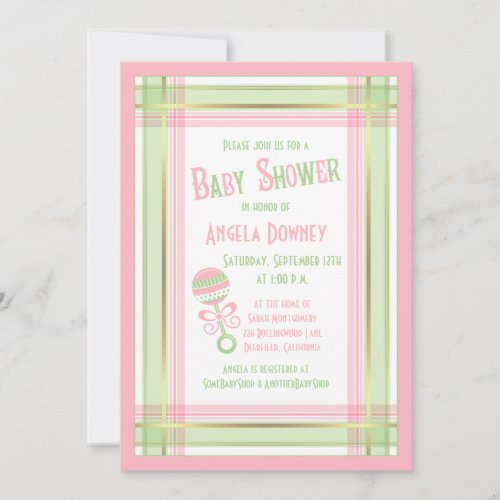 Baby Shower Invitation Pink Green Plaid Rattle