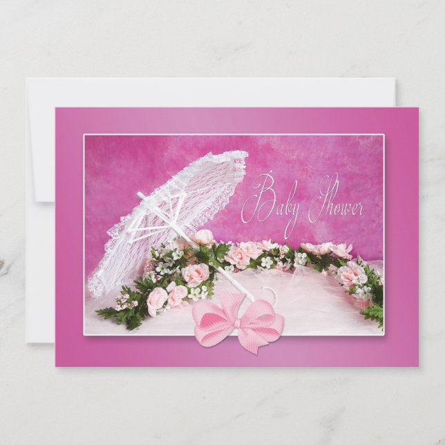 BABY SHOWER INVITATION - PINK/PARASOL/ROSES (Front)