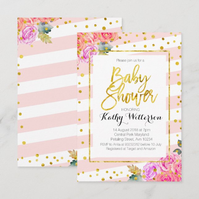 Baby Shower Invitation Pink Peach Gold (Front/Back)