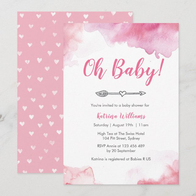 Baby Shower invitation Pink watercolor boho arrow (Front/Back)