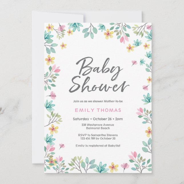 Baby Shower Invitation | pink watercolor florals (Front)