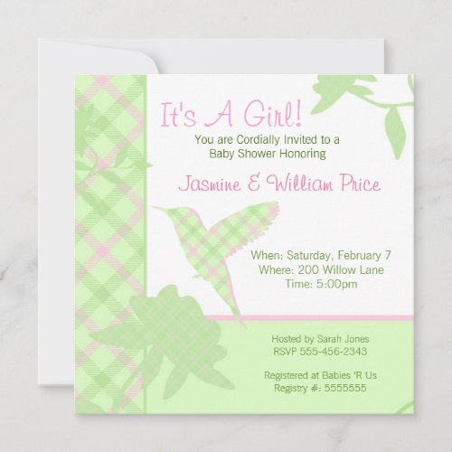 Baby Shower Invitation Plaid Hummingbird Pink &amp; Gr