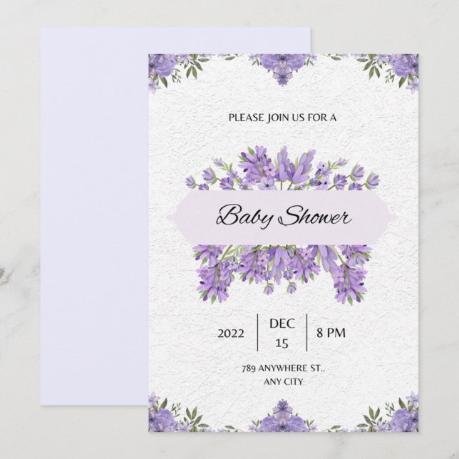 baby shower invitation puple flowers (Front/Back)