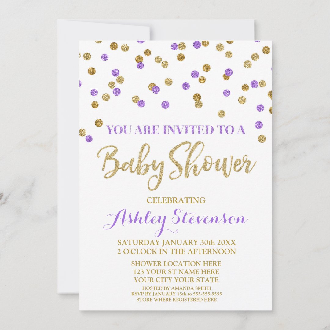 Baby Shower Invitation Purple Gold Confetti | Zazzle