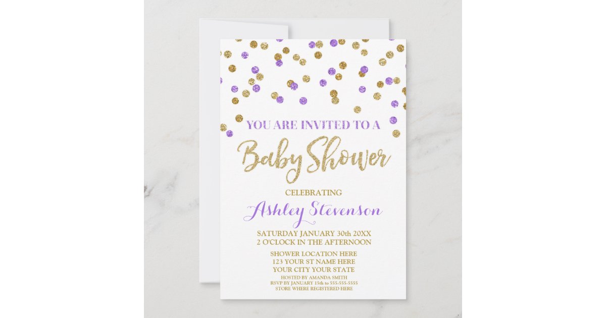 Baby Shower Invitation Purple Gold Confetti | Zazzle