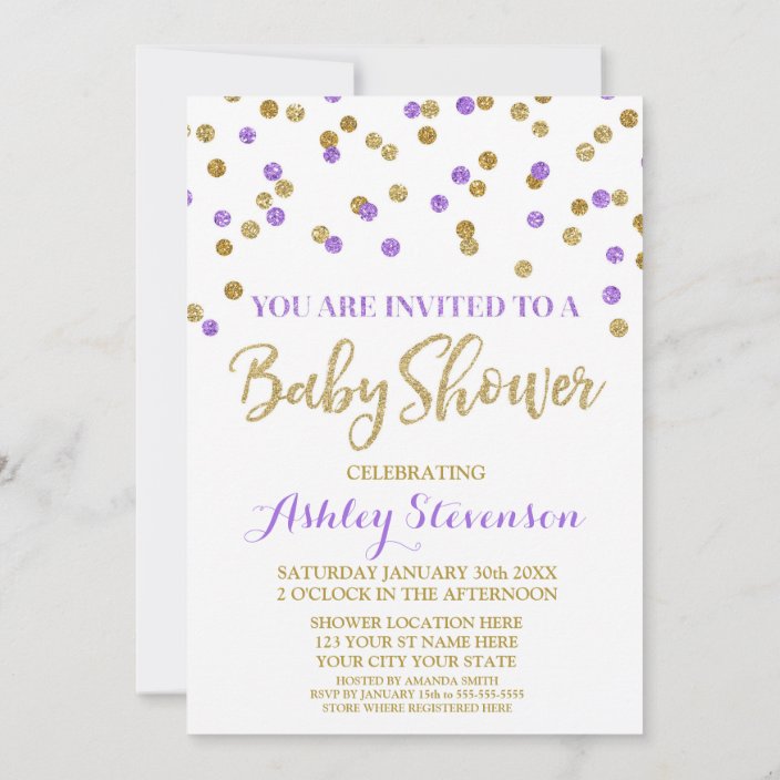 Baby Shower Invitation Purple Gold Confetti | Zazzle.com