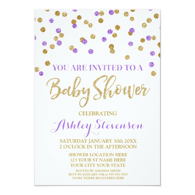 Baby Shower Invitation Purple Gold Confetti