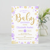 Baby Shower Invitation - Purple Gold Dots (Standing Front)