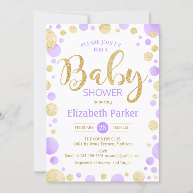 Baby Shower Invitation - Purple Gold Dots (Front)