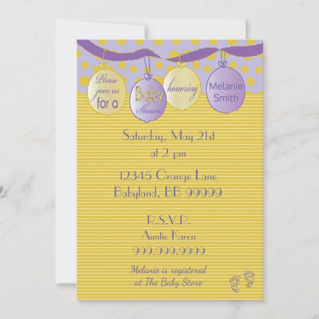 Baby Shower Invitation. Purple/Gold, Dots/Stripes Invitation (Front)