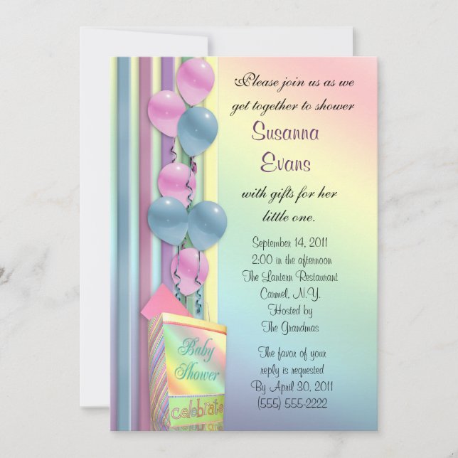 Baby Shower invitation rainbow colors balloons (Front)