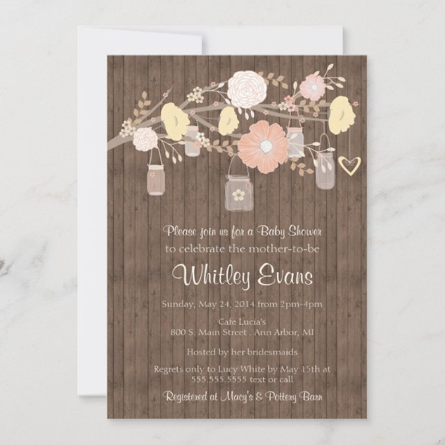 Baby shower invitation, rustic floral mason jars invitation (Front)