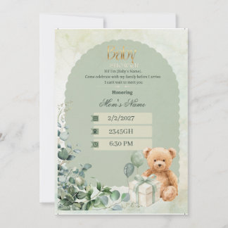 Baby Shower Invitation| Sage Green Teddy Bear Baby Invitation