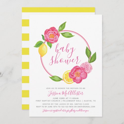 Baby Shower Invitation  Stripes Yellow Lemon Rose