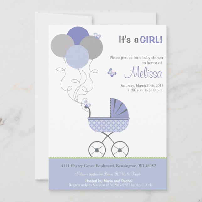 Baby Shower Invitation - Stroller & Balloons (Front)