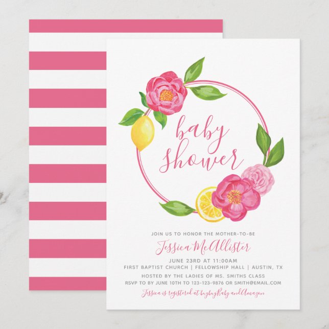 Baby Shower invitation Summer Citrus Floral Stripe (Front/Back)