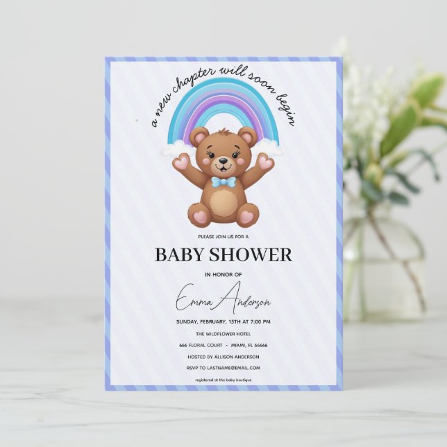 Baby Shower Invitation Teddy Bear Rainbow Cute Neu (Standing Front)