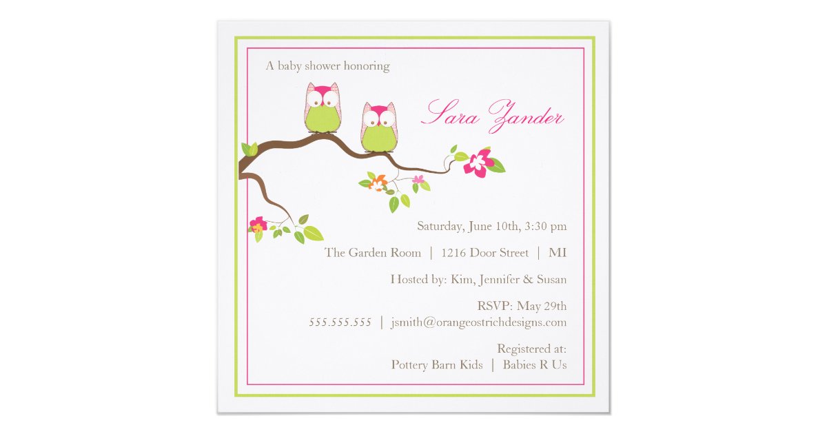 Baby Shower Invitation Twin Girl Baby Owls Zazzle Com