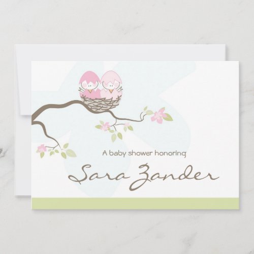 Baby Shower Invitation - Twin Pink Baby Birds