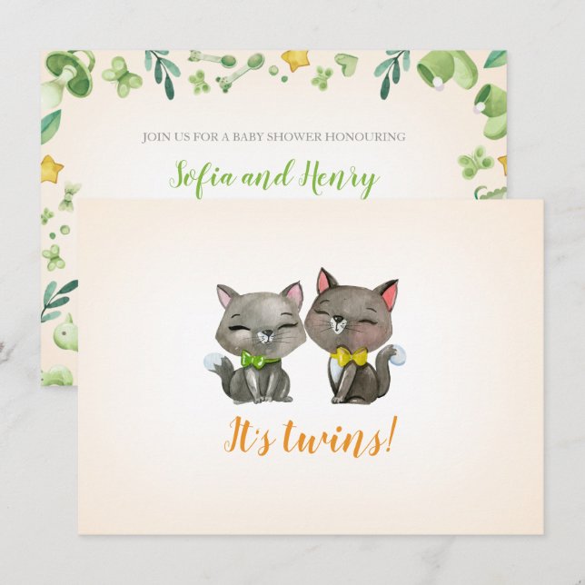 Baby shower invitation | twins | neutral | cats (Front/Back)