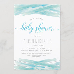 Baby Shower Invitation - Watercolor, Blue, Silver