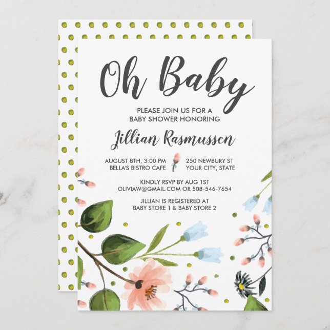 Baby Shower Invitation Watercolor Flowers Oh Baby (Front/Back)