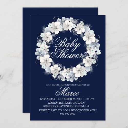 Baby shower invitation white sakura navy blue