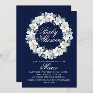 Baby shower invitation white sakura navy blue