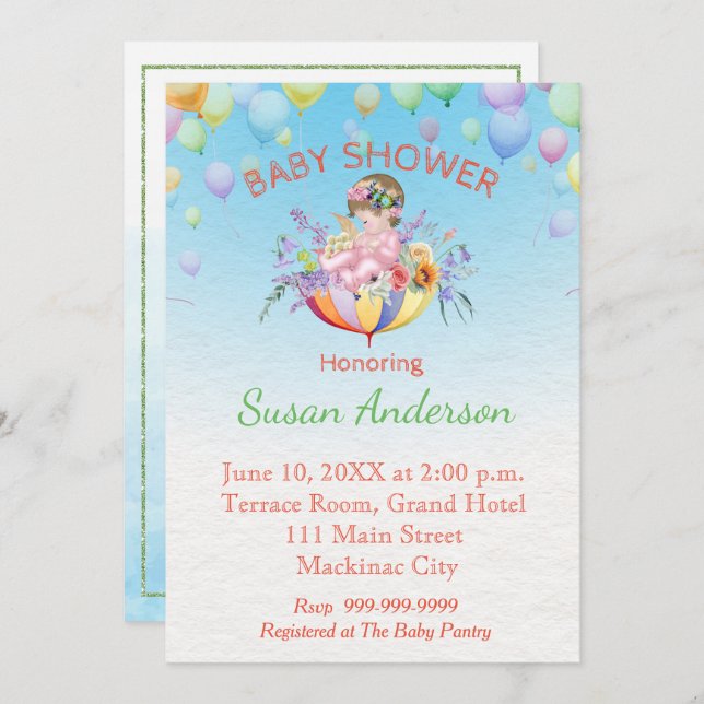 Baby Shower Invitation with Baby in Umbrella (Front/Back)