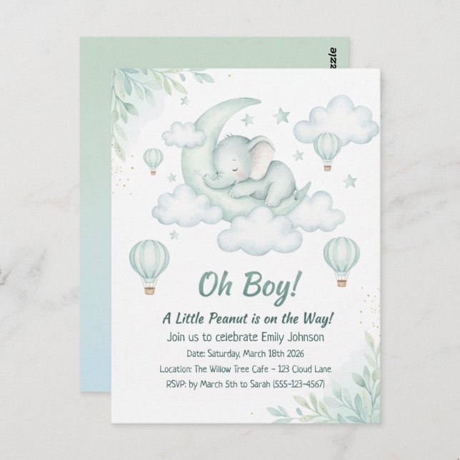 Baby Shower invitation with Sleeping Baby Elephant Postcard (Front/Back)