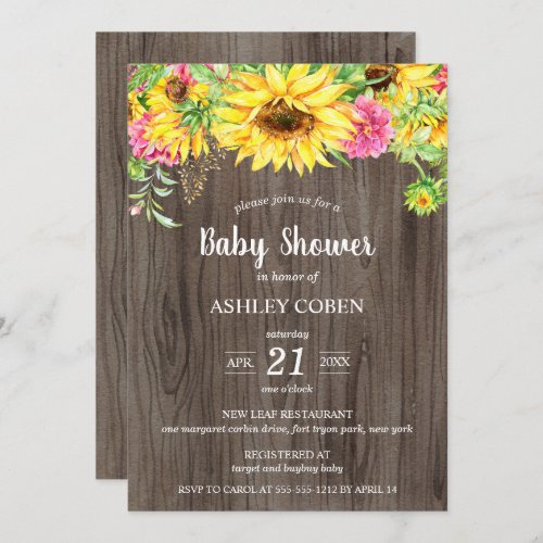 Baby Shower Invitation with Sunflowers on Wood