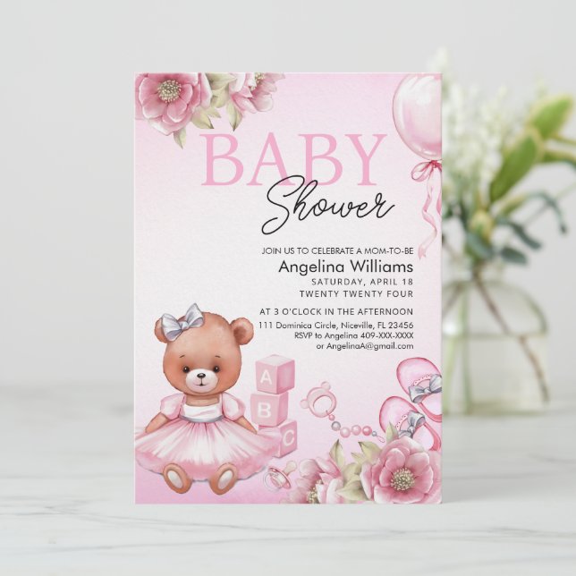 Baby Shower Invitation with teddy bear. (Standing Front)