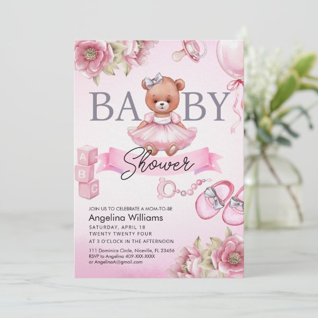 Baby Shower Invitation with teddy bear. (Standing Front)