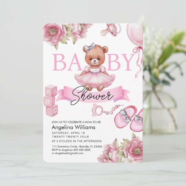 Baby Shower Invitation with teddy bear. (Standing Front)