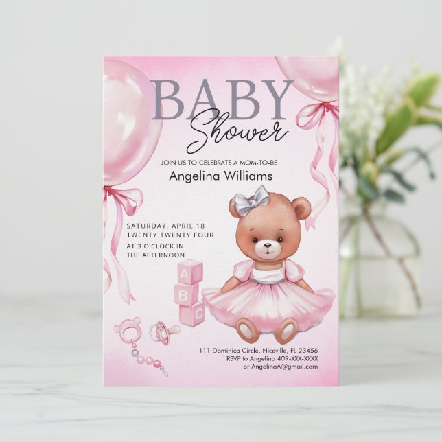 Baby Shower Invitation with teddy bear. (Standing Front)