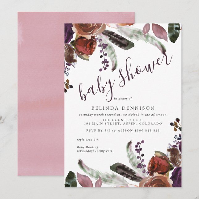 Baby Shower Invitations | Autumn Plum Botanical (Front/Back)