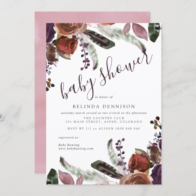 Baby Shower Invitations | Autumn Plum Botanical (Front/Back)