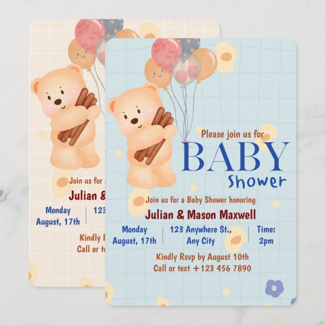 Baby Shower Invitations - Beige and Blue Cute Bear (Front/Back)