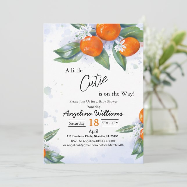 Baby shower Invitations decorated with Tangerine (Standing Front)