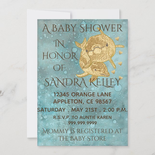 Baby Shower Invitations "Gold Dolphins/Mom & Baby" (Front)