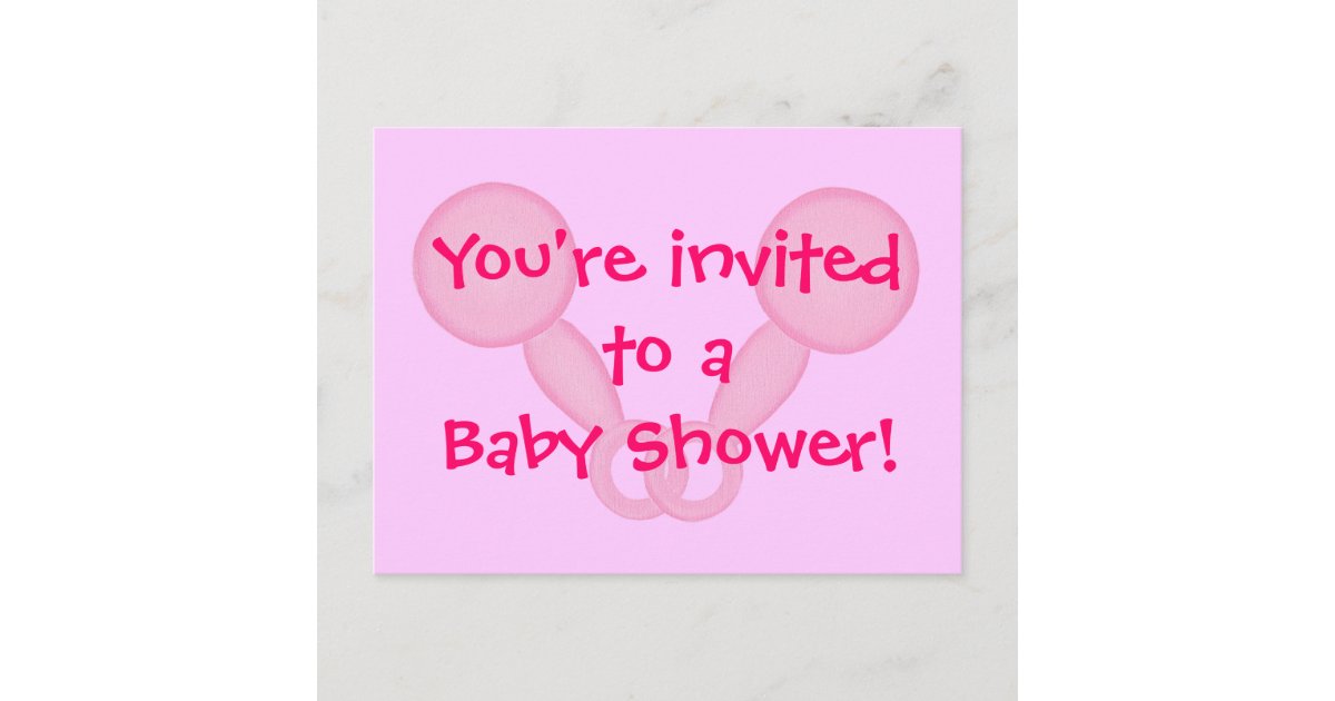 Baby Shower Invitations Pink Baby Rattles Postcard | Zazzle